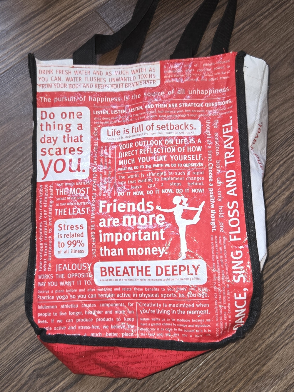 Lululemon Reusable Graphic Tote Bag Red White Black Handles Yoga Fitness Friends
